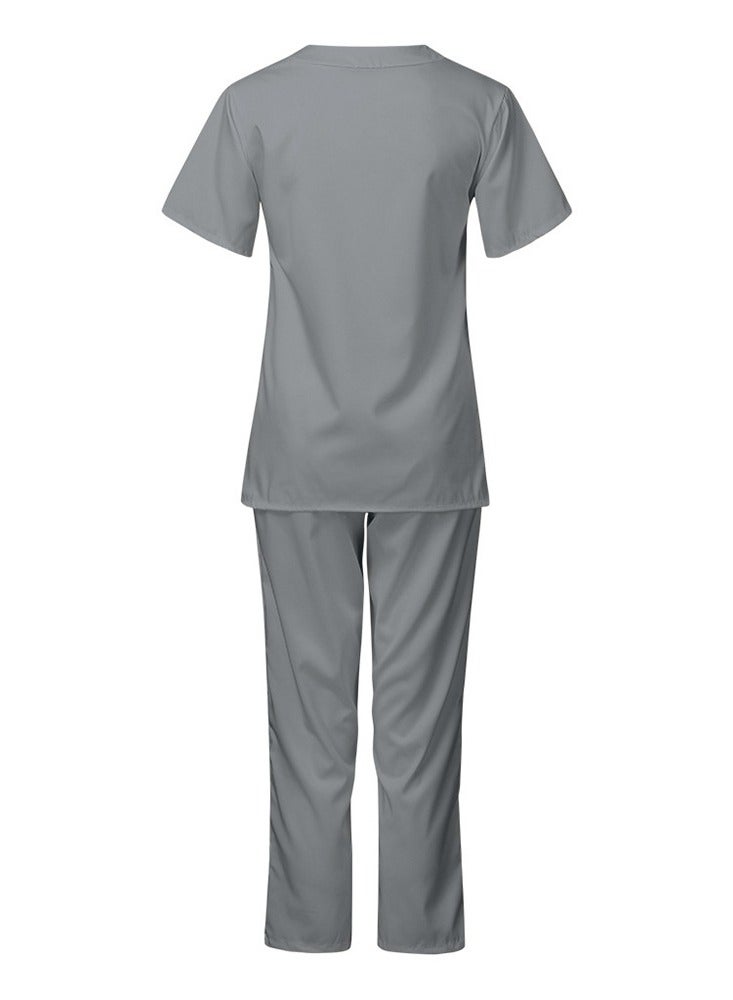 Loquat Medical Uniform Scrubs Set Fast Dry V-Neck Top and Loose Pants Suit Grey - Image 2