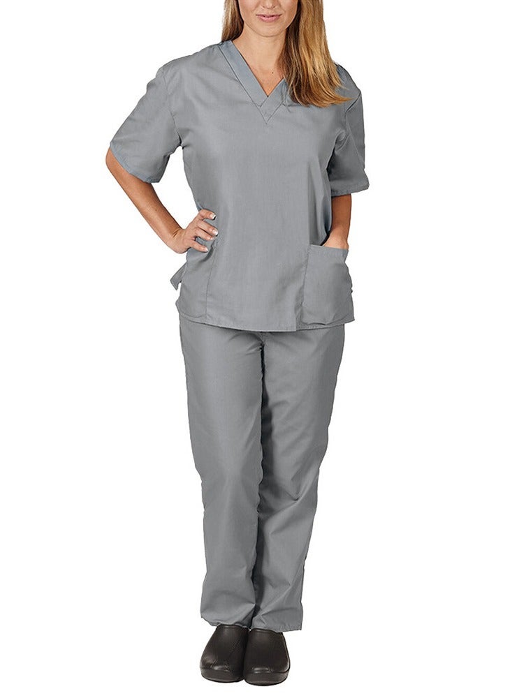 Loquat Medical Uniform Scrubs Set Fast Dry V-Neck Top and Loose Pants Suit Grey - Image 3