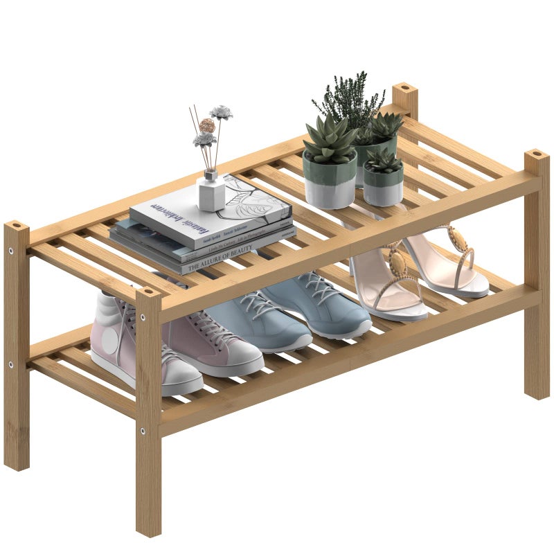 ROMGUAR CRAFT (Thick Bamboo Shoe Rack for Entryway, 2-Tier Free Standing Shoe Racks Stackable Shoe Rack Organizer for Hallway Closet Living Room 27 x12 x14 Inches - Image 1