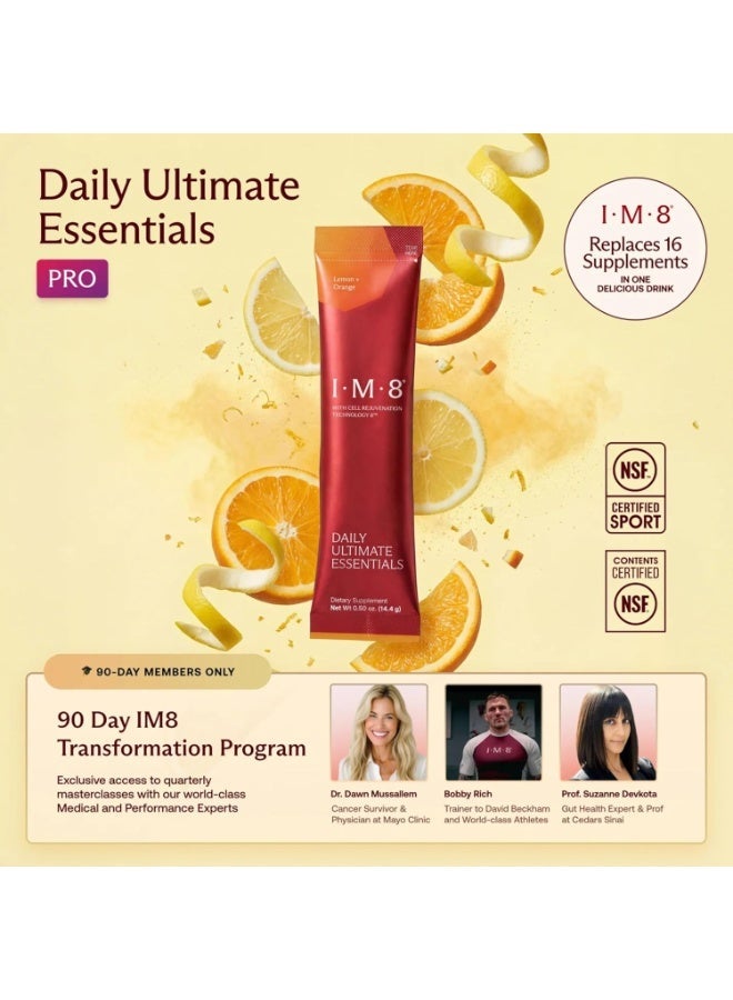 IM8 Daily Ultimate Essentials All-in-One Multivitamin Supplement, 92 Nutrient Rich Ingredients CoQ10, Probiotics, Vitamins, Greens, Gluten Free, Vegan (30 Packets, Lemon & Orange) - Image 2