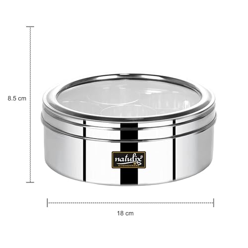 NATULIX Stainless Steel Masala Container | Masala box for Kitchen | Spice Box | Masala Dabba with See Through Lid with 7 Containers and Small Spoon | Silver | Medium 18cm | 1.5 Ltr - Image 4