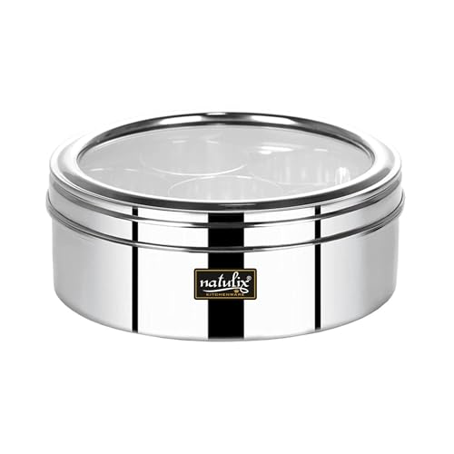 NATULIX Stainless Steel Masala Container | Masala box for Kitchen | Spice Box | Masala Dabba with See Through Lid with 7 Containers and Small Spoon | Silver | Medium 18cm | 1.5 Ltr - Image 1