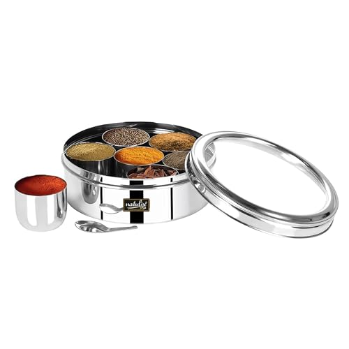 NATULIX Stainless Steel Masala Container | Masala box for Kitchen | Spice Box | Masala Dabba with See Through Lid with 7 Containers and Small Spoon | Silver | Medium 18cm | 1.5 Ltr - Image 2