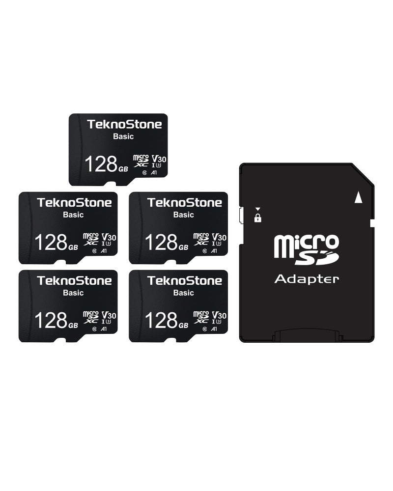 TEKNOSTONE Basic 128GB Micro SDXC Memory Card with Adapter Up to 90MB/s Read Speed U3 V30 A1 Rated HD Video Support TF Card for Dashcams Security Cameras Tablets Phones (5 Packs) - Image 1
