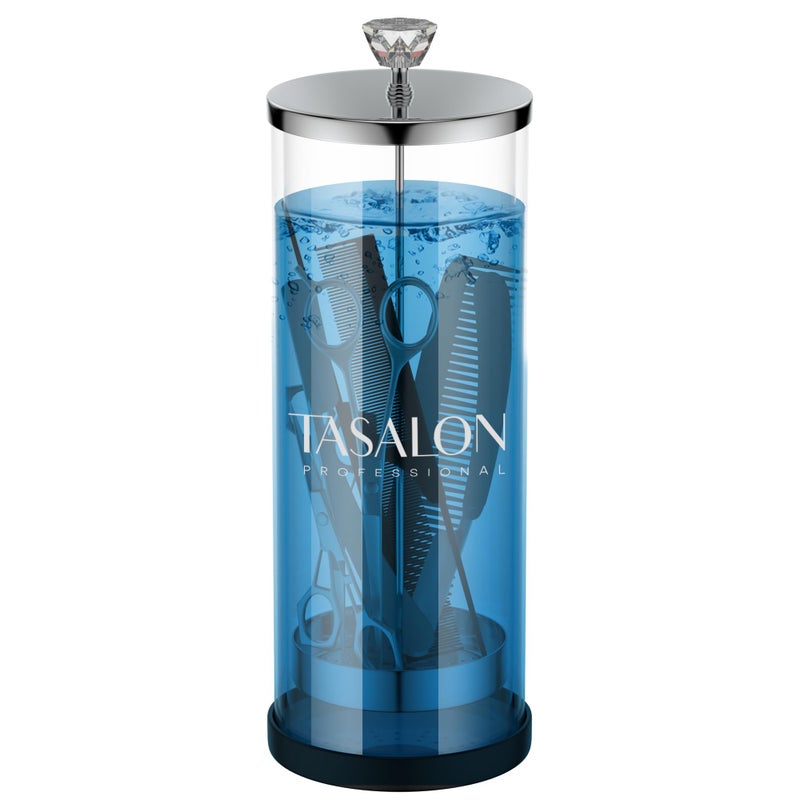 TASALON Barber Jar 455 oz with Crystal Handle Disinfectant Jar for Salon Spa and Manicure Shop Durable Glass and Sterilizing Container with Removable Stainless Steel Basket Large