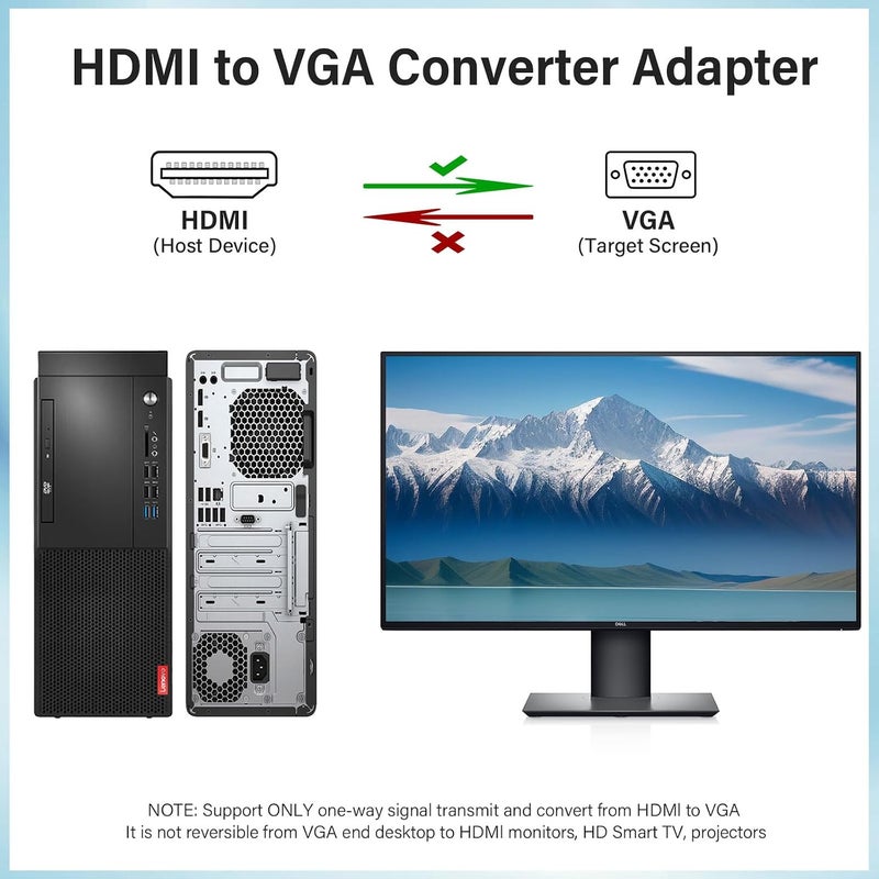 زيزن كابل HDMI إلى VGA بطول 6 أقدام، أحادي الاتجاه من HDMI (لابتوب) إلى موصل VGA (شاشة) محول ذكر إلى ذكر، كابل فيديو عالي الدقة 1080P متوافق مع الكمبيوتر، اللابتوب، الشاشة، جهاز العرض، تلفزيون HDTV، Roku - Image 2