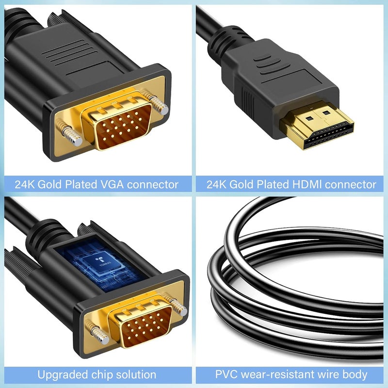 زيزن كابل HDMI إلى VGA بطول 6 أقدام، أحادي الاتجاه من HDMI (لابتوب) إلى موصل VGA (شاشة) محول ذكر إلى ذكر، كابل فيديو عالي الدقة 1080P متوافق مع الكمبيوتر، اللابتوب، الشاشة، جهاز العرض، تلفزيون HDTV، Roku - Image 4