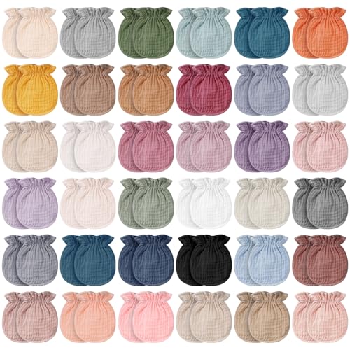 Jeere 36 Pairs Newborn Baby Muslin Mittens 06 Months No Scratch Elastic Wrist Soft Breathable Gloves Bulk Cotton for Infant 36 Colors - Image 1