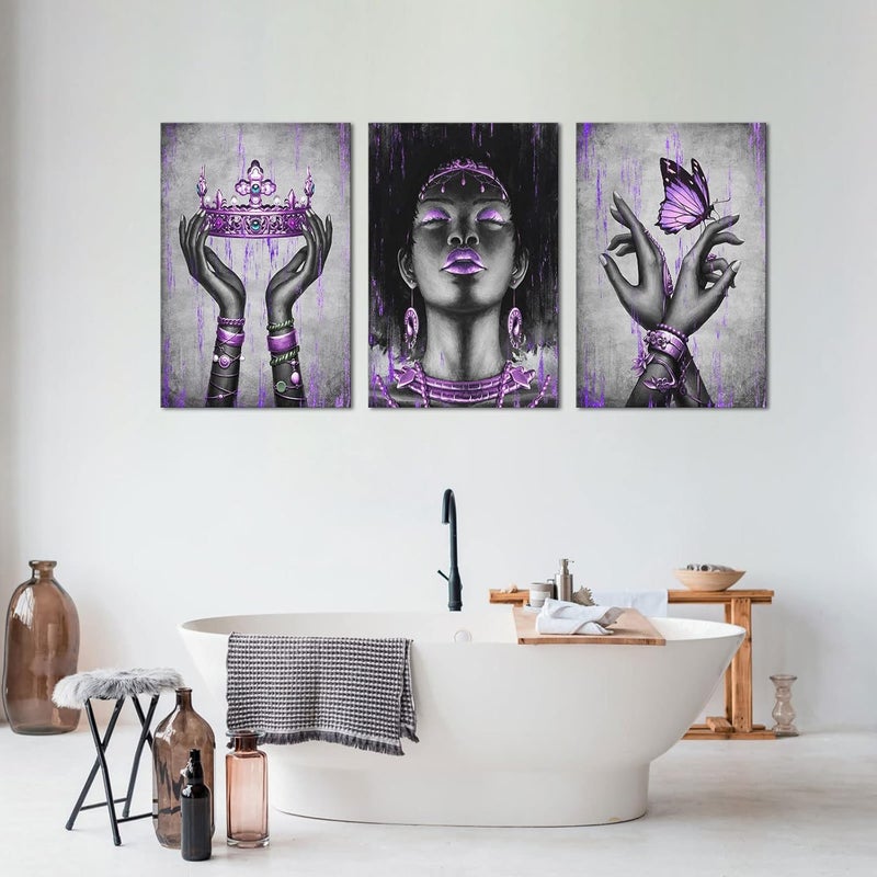Kalormore Fashion African American Woman Painting Giclee Canvas Prints Elegant Black Girl with Purple Accessories Picture Poster Gallery Wrapped Artwork for Bedroom Makeup Room Decoration - Image 4