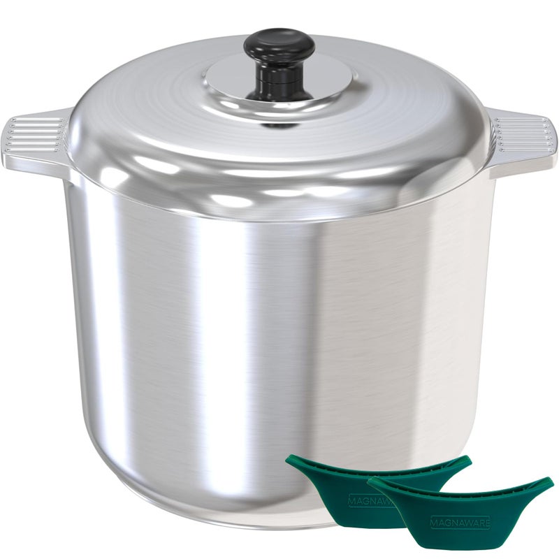 MAGNAWARE 14 Quart Cast Aluminum Stock Pot with Lid  Durable  Lightweight Soup Pot with Even Heat Distribution  Retention  Professional Cookware Stockpot with Silicone Handle Covers