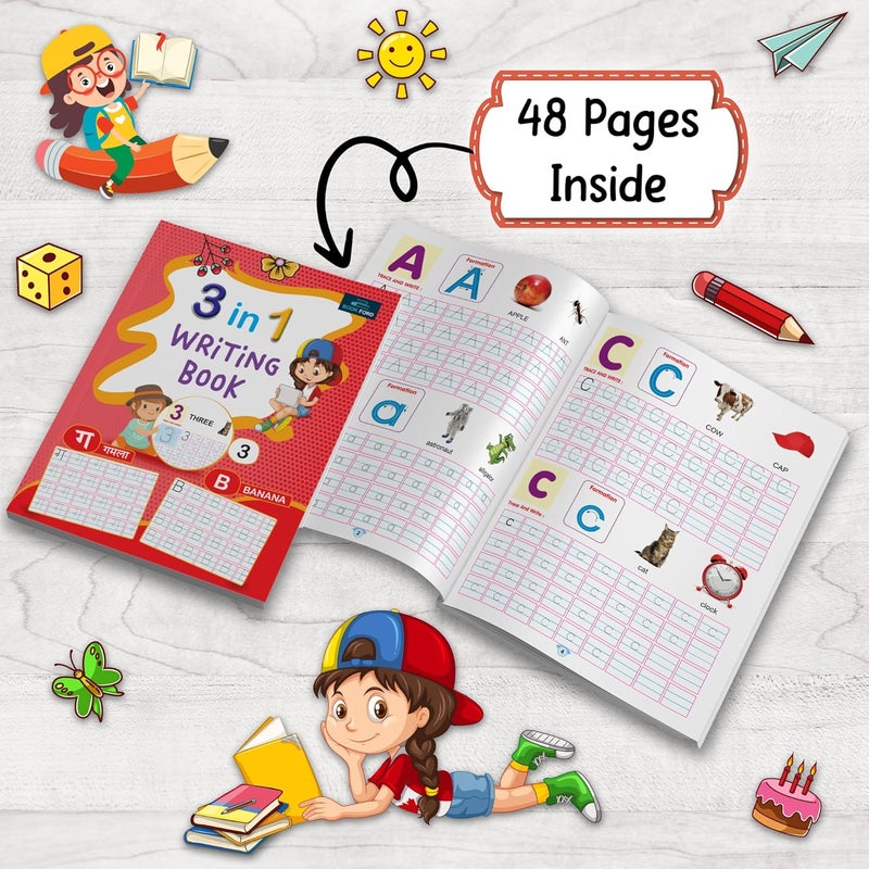 3 in 1 Writing Book for Kids and Childrens - Early Tracing Hindi Varnamala, Learn Capital, Small Alphabet, Numbers and Handwriting Improve Skills - Ages 3+ Years: English - Image 2