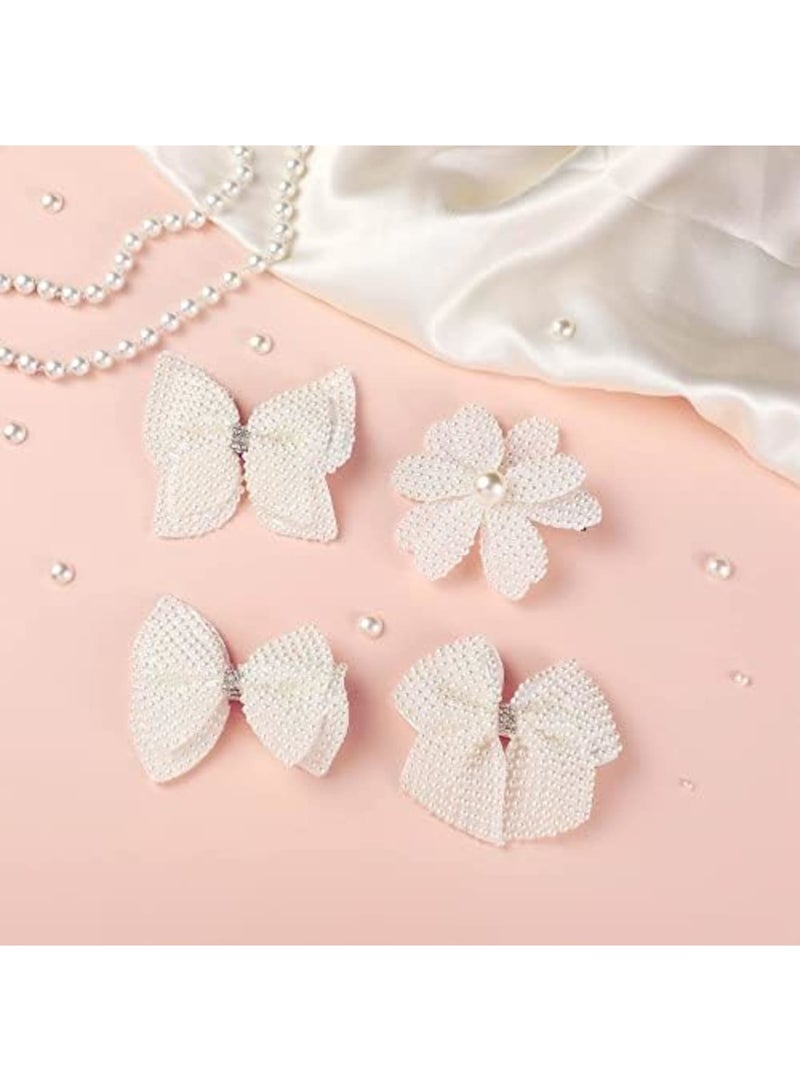 4 Pieces White Rhinestone Hair Bows for Girls Cute Pearls Hair Bow with Alligator Hair Clips Beads Hairgrip for Women Baby Teens Toddlers Children Hair Styling - Image 4