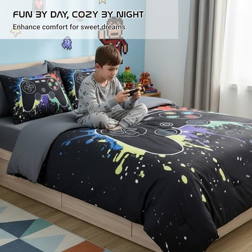 Kaleido Space Full Comforter Set for Boys Kids 7 Pieces Black Gamer Full Size Bedding Sets for Kids Soft Cozy Bed in A Bag with Sheet - Image 3