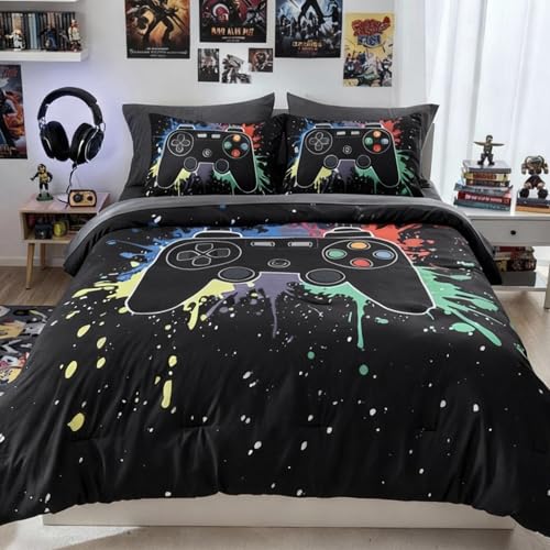 Kaleido Space Full Comforter Set for Boys Kids 7 Pieces Black Gamer Full Size Bedding Sets for Kids Soft Cozy Bed in A Bag with Sheet - Image 1