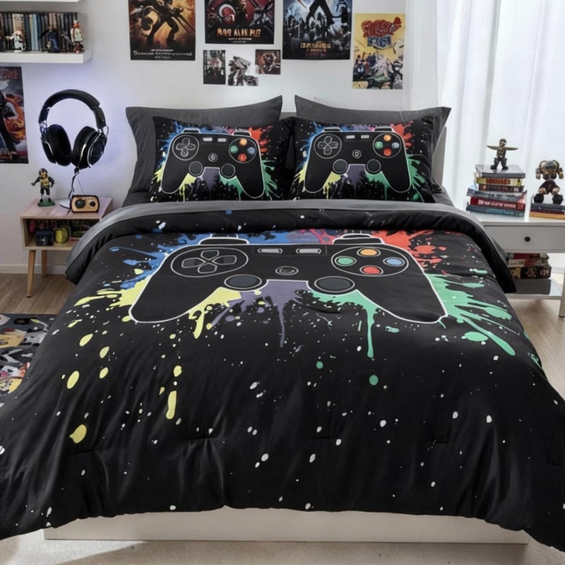 Kaleido Space Full Comforter Set for Boys Kids 7 Pieces Black Gamer Full Size Bedding Sets for Kids Soft Cozy Bed in A Bag with Sheet - Image 2