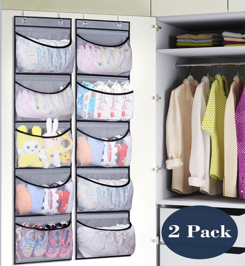 KEETDY Hanging Shelves Over the Door Organizer Storage for Closet with 5 Pockets Organizer for Bedroom Bathroom, 2 Packï¼ˆGreyï¼‰ - Image 2
