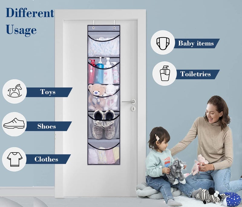 KEETDY Hanging Shelves Over the Door Organizer Storage for Closet with 5 Pockets Organizer for Bedroom Bathroom, 2 Packï¼ˆGreyï¼‰ - Image 3