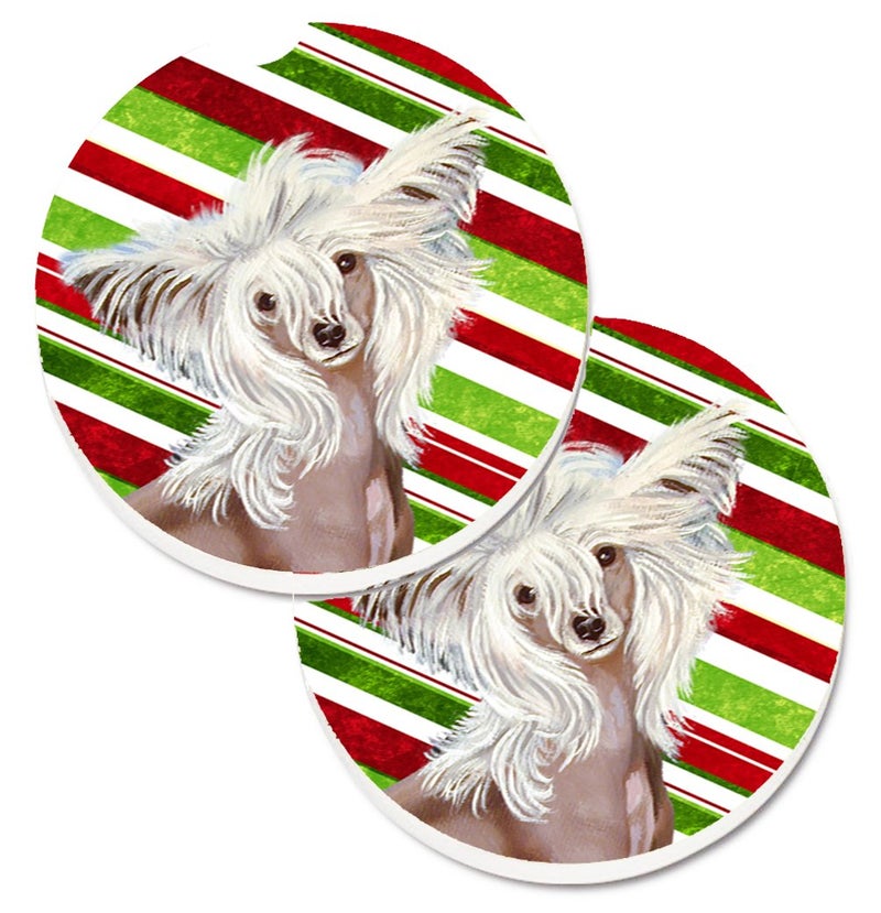 Caroline's Treasures LH9257CARC Chinese Crested Candy Cane Holiday Christmas Set of 2 Cup Holder Car Coasters Absorbent Sandstone Coasters for Car Cup Holders Gifts for Men or Women  Large  Multicolor