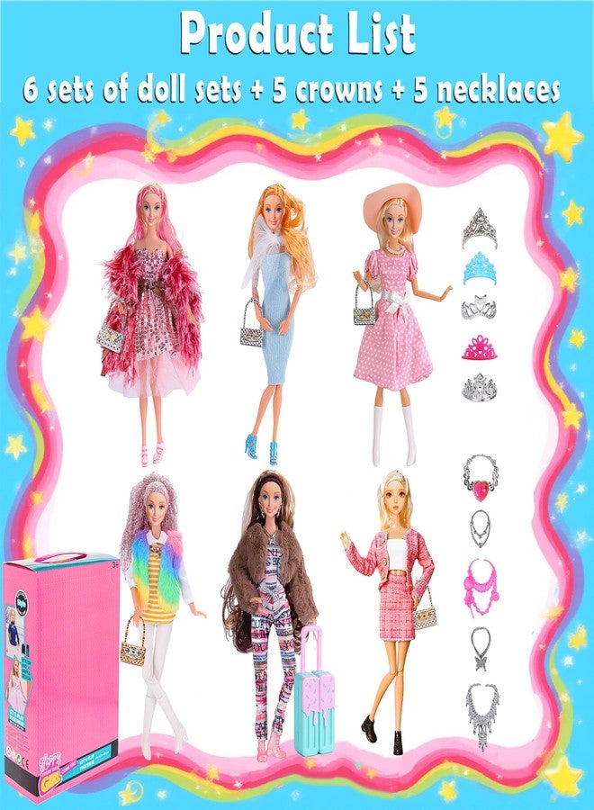 iBayda 6 Pack Fashion 11.5 inch American Toy Prinecess Dolls Playset with Outfits Dress Design and Accessories Like Handbag Hat Crown Necklace Suitcase (Gift Box Package) - Image 2