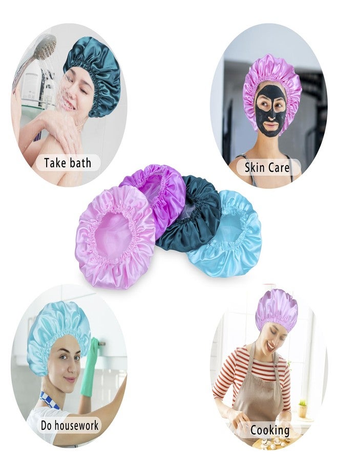 CHFONG Shower Caps for Women, 4 PCS Elastic and Reusable Bath Caps, Double Waterproof Layers Shower Cap, Bathing Shower Caps, Environmental Protection Hair Bath Hat - Solid Color - Image 5