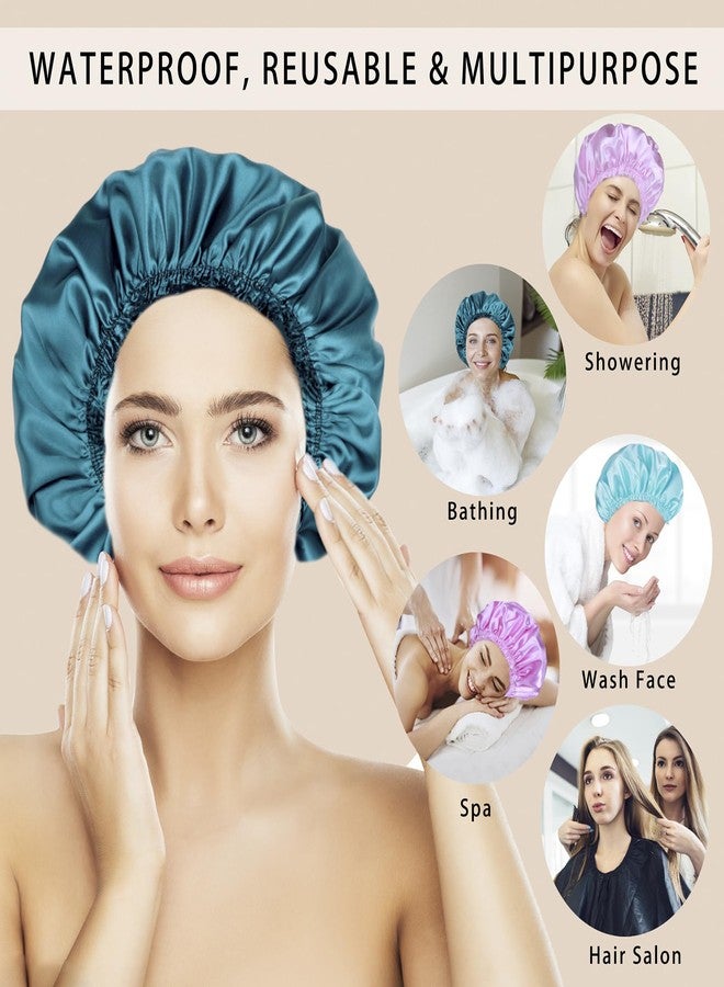 CHFONG Shower Caps for Women, 4 PCS Elastic and Reusable Bath Caps, Double Waterproof Layers Shower Cap, Bathing Shower Caps, Environmental Protection Hair Bath Hat - Solid Color - Image 2