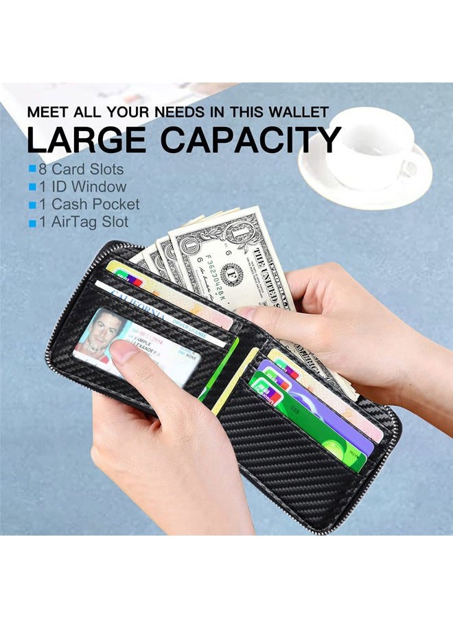 Huztencor Wallet for AirTag, Mens Wallet Zipper RFID Slim Leather Credit Card Wallet with Built-in Case Holder for Apple AirTag, Carbon Fiber Black, Small, Minimalist - Image 3