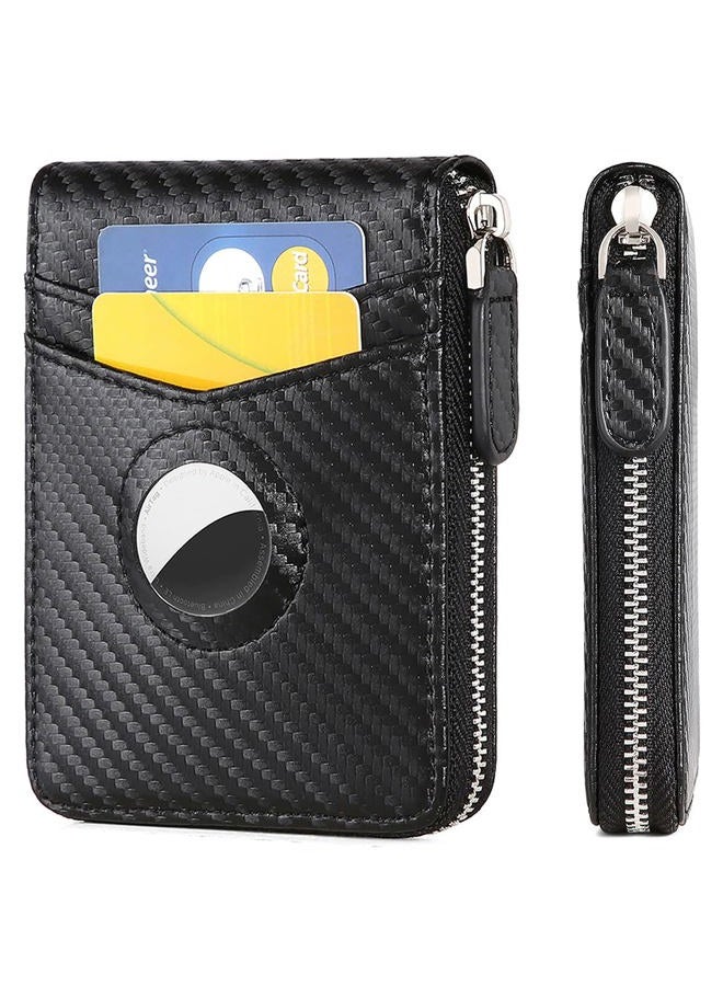 Huztencor Wallet for AirTag, Mens Wallet Zipper RFID Slim Leather Credit Card Wallet with Built-in Case Holder for Apple AirTag, Carbon Fiber Black, Small, Minimalist - Image 1