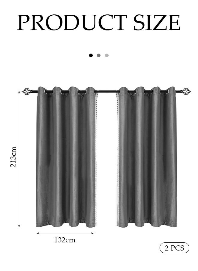 DUNISO ستائر تعتيم من قطعتين، ستائر منزلية من الفلانيل مع دانتيل، قمة مثقوبة، مناسبة لغرف النوم، غرف المعيشة، غرف الطعام، 132 * 213 سم، رمادي - Image 3