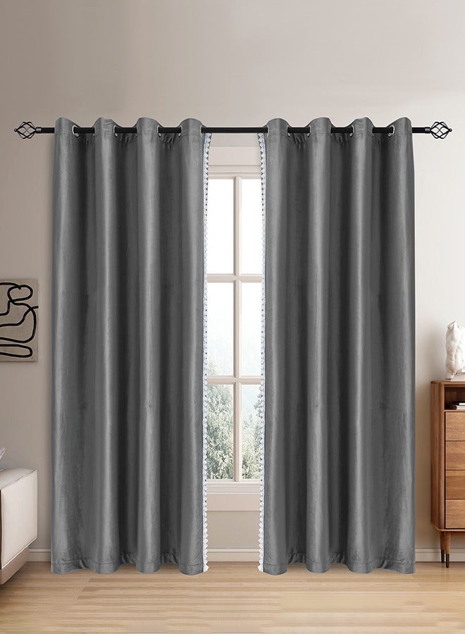 DUNISO ستائر تعتيم من قطعتين، ستائر منزلية من الفلانيل مع دانتيل، قمة مثقوبة، مناسبة لغرف النوم، غرف المعيشة، غرف الطعام، 132 * 213 سم، رمادي - Image 1
