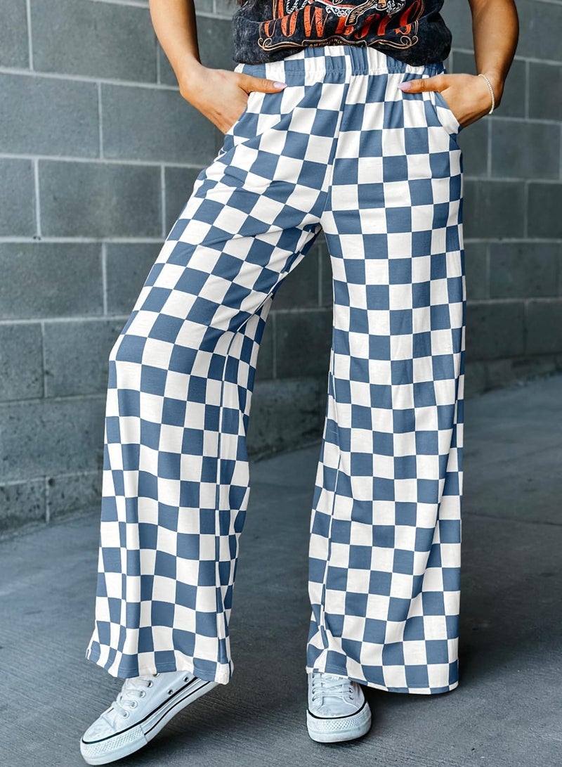 Acelitt Women's Casual Checkered Pants 2026 Spring Summer Lightweight Elastic Waist Comfy Loose Wide Leg Plaid Beach Pants Trousers Vacation Outfits Blue Small - Image 4
