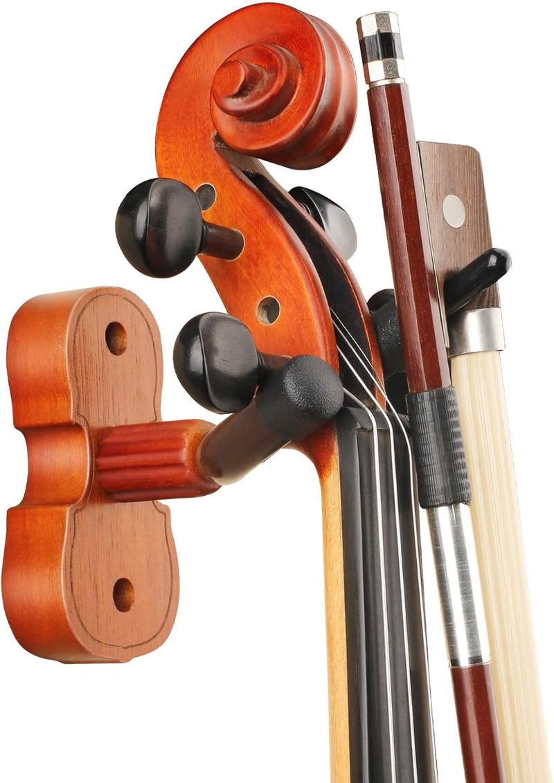 PUNK Violin Viola Wall Mount Hanger,Violin Viola Hook,Mahogany Violin Holder,with Bow Hook,Home & Studio Wall Mount Violin Hangers (Mahogany) - Image 1