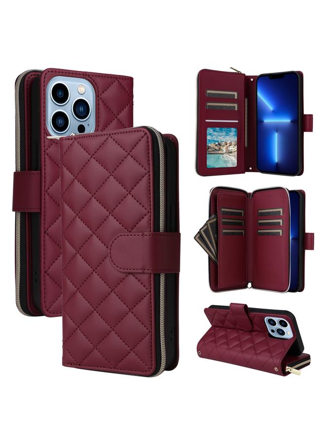 زبون جراب هاتف iPhone 13 Pro Max Crossbody مع سحاب معيني الشكل ومشبك من الجلد مع حبل تعليق - Image 1