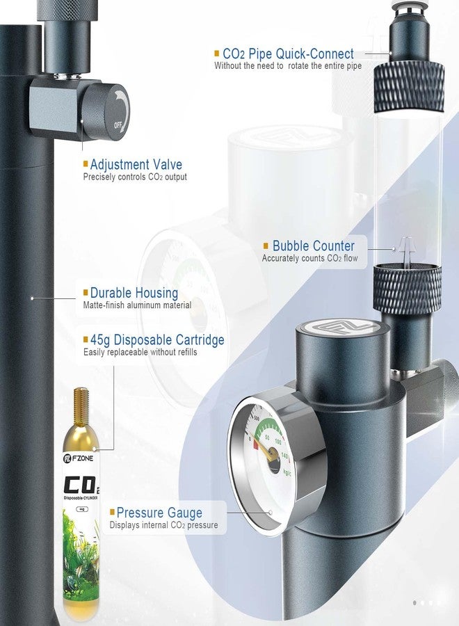 FZONE Desktop Aquarium CO2 System, CO2 Regulator with 45g Disposable CO2 Cartridge, Compatible with 5/8" and 3/8" Threaded Interfaces, Perfect for Nano Aquariums - Image 2