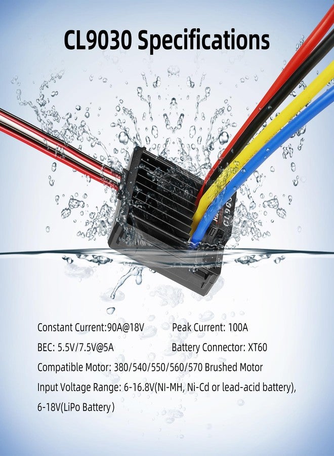 Radiolink CL9030 90A (2S-4S) Brushed ESC Waterproof Built-in 5A BEC Selectable 5.5V/7.5V Electronic Speed Controller for RC Crawlers Tanks Cars Boats (XT60 Plug) - Image 2