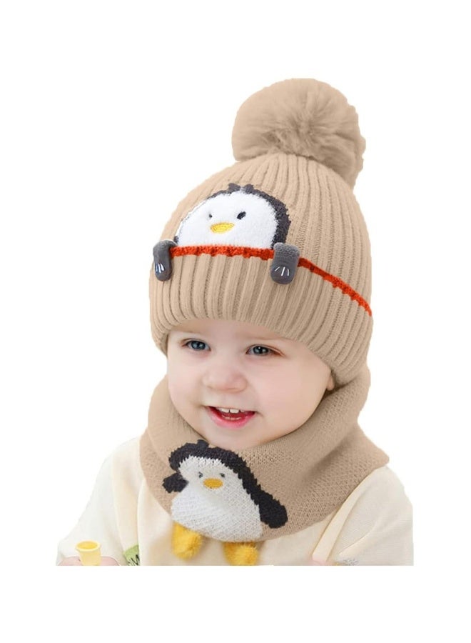 Baby Winter Cute Knit Hat, Cartoon Penguin Beanie Hat Knit Caps with Pompom, Fleece Lining Loop Scarves Set for Kids Toddler Boys Girls Outdoor Sport, Khaki  - Image 1