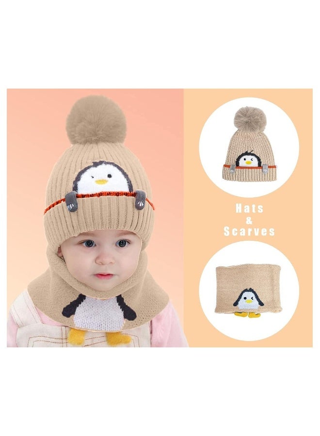 Baby Winter Cute Knit Hat, Cartoon Penguin Beanie Hat Knit Caps with Pompom, Fleece Lining Loop Scarves Set for Kids Toddler Boys Girls Outdoor Sport, Khaki  - Image 2