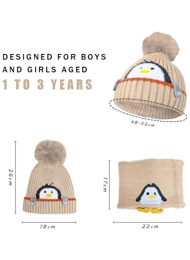 Baby Winter Cute Knit Hat, Cartoon Penguin Beanie Hat Knit Caps with Pompom, Fleece Lining Loop Scarves Set for Kids Toddler Boys Girls Outdoor Sport, Khaki  - Image 3