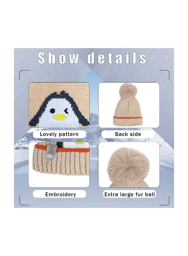 Baby Winter Cute Knit Hat, Cartoon Penguin Beanie Hat Knit Caps with Pompom, Fleece Lining Loop Scarves Set for Kids Toddler Boys Girls Outdoor Sport, Khaki  - Image 4