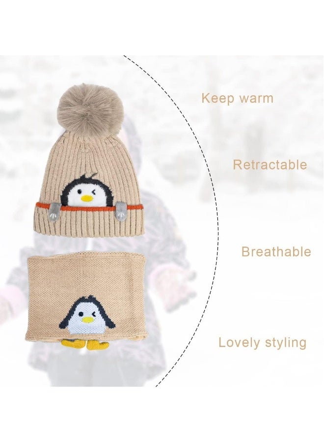 Baby Winter Cute Knit Hat, Cartoon Penguin Beanie Hat Knit Caps with Pompom, Fleece Lining Loop Scarves Set for Kids Toddler Boys Girls Outdoor Sport, Khaki  - Image 5