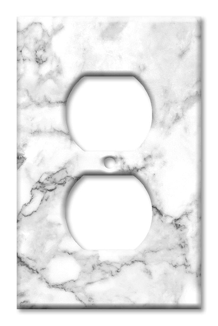 Art Plates Duplex Outlet Cover Decorative Metal Wall Plate 1 Gang Outlet Plug Cover White and Grey Marble Granite Print Printed Image Made in USA