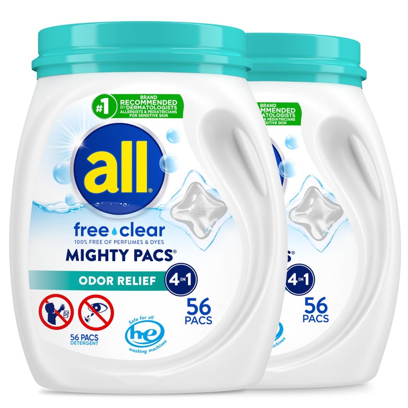 All Mighty Pacs Laundry Detergent, Free Clear Odor Relief, Tub, 56 Count (Pack of 2), 112 Total Loads - Image 1