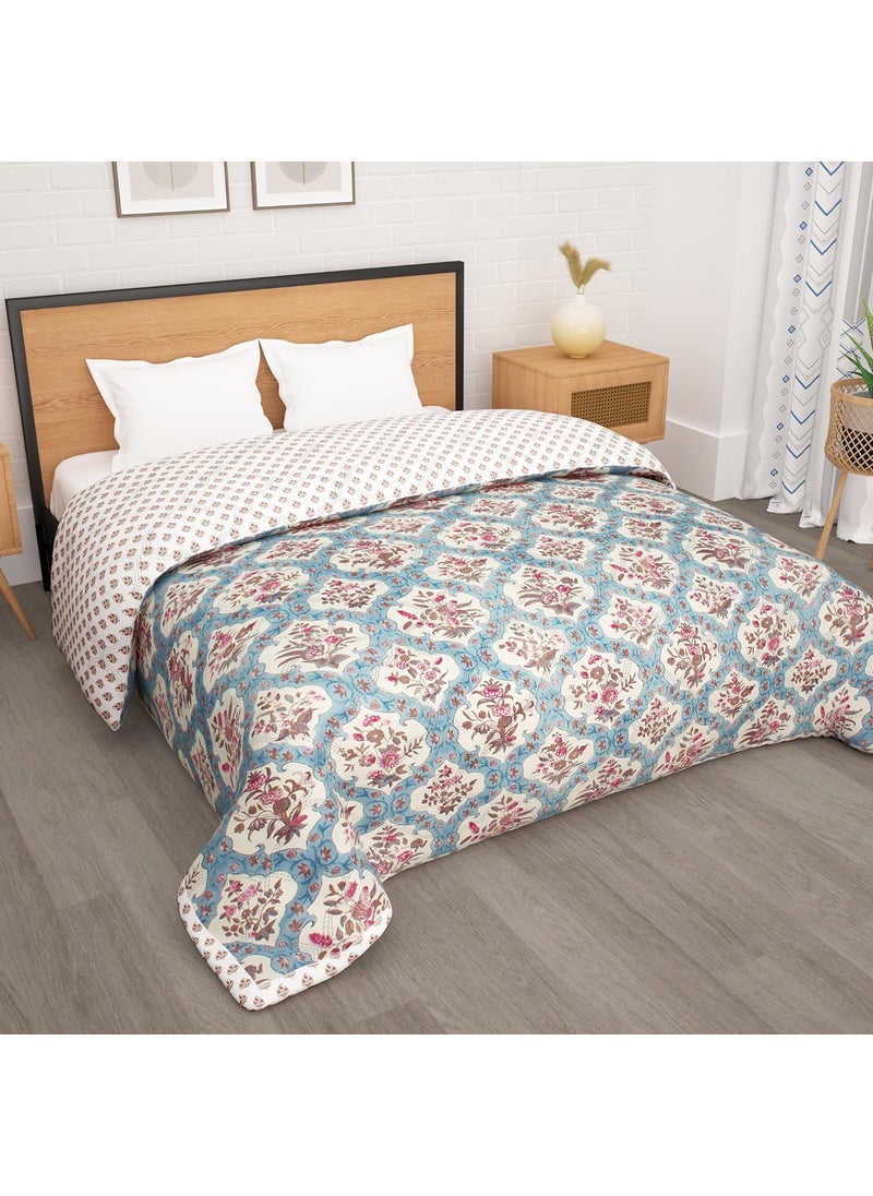 Story@Home - Story@Home Double Bed Comforter | Microfiber Blanket | Dohar | 220x250 cm | Cream & Blue Blanket Floral Design | Cozy Bedding Blankets for Winter All Seasons and Stylish Home Bedroom Decoration Items - Image 1