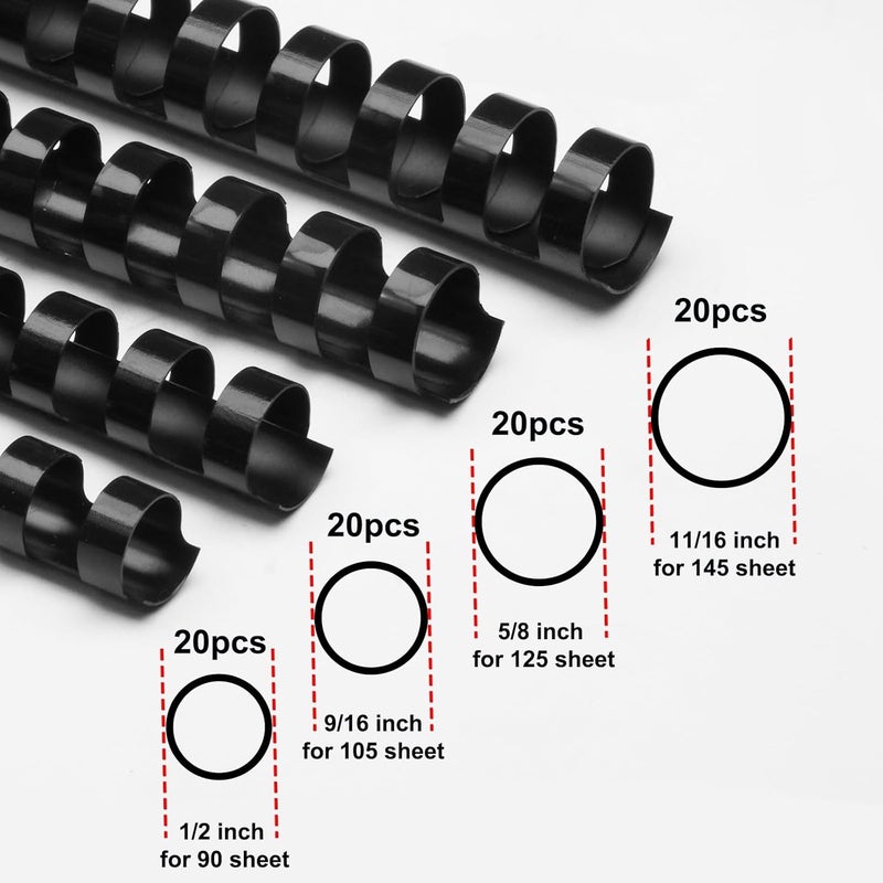 RAYSON CR12141618BK Plastic Binding Combs 1/2in. 9/16in, 5/8in, 11/16in, 19-Ring Letter Size, Black Comb Binding Spines, Multi-Size Pack of 80 - Image 3