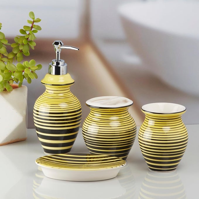 CERAMIC BATHROOM ACCESSORIES SET OF 4 MODERN BATH SET WITH SOAP DISPENSER TOOTHBRUSH HOLDER LUXURY HOME GIFT IDEA YELLOWBLACK 10188
