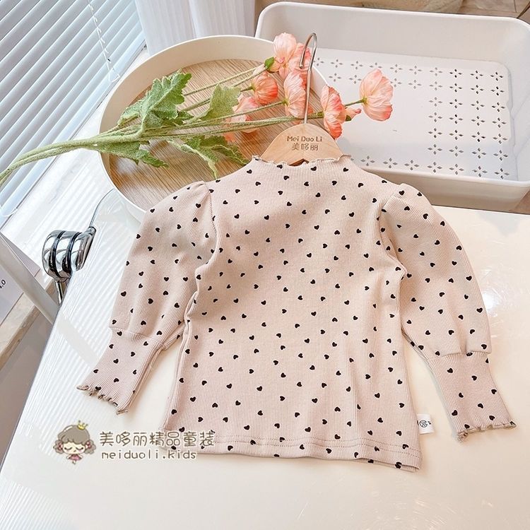 Spring and Autumn Women's Children's Wear T-shirt Base Shirt Baby Western Style Children's Personality Fashion Brand Korean Style Ear Edge Love Puff Sleeves - Image 1