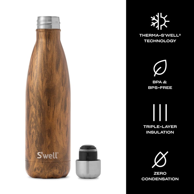 S'well Stainless Steel Water Bottle, 17oz, Teakwood, Triple Layered Vacuum Insulated Containers Keeps Drinks Cold for 36 Hours and Hot for 18, BPA Free, Perfect for On the Go - Image 4