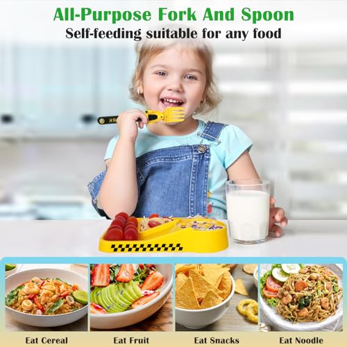 Deinyi Construction Utensils for Toddlers - Motorcycle Toddler Forks - for Utensils Gift - Forks and Spoons Silverware Set - Ideal for School Lunch, Travel, Outdoors - Yellow - Image 5