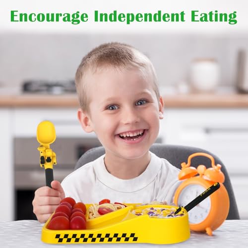 Deinyi Construction Utensils for Toddlers - Motorcycle Toddler Forks - for Utensils Gift - Forks and Spoons Silverware Set - Ideal for School Lunch, Travel, Outdoors - Yellow - Image 4