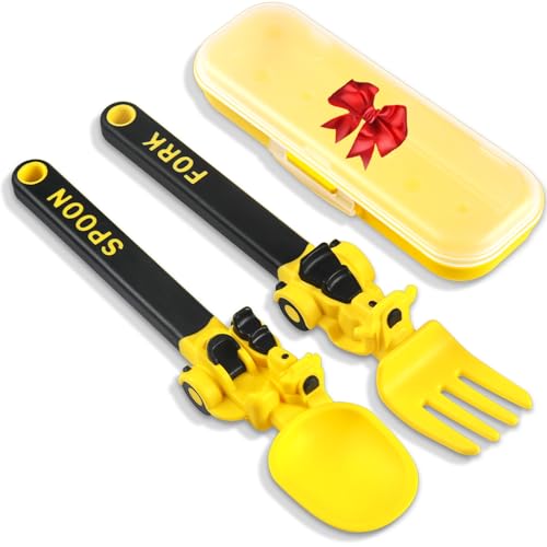 Deinyi Construction Utensils for Toddlers - Motorcycle Toddler Forks - for Utensils Gift - Forks and Spoons Silverware Set - Ideal for School Lunch, Travel, Outdoors - Yellow - Image 1