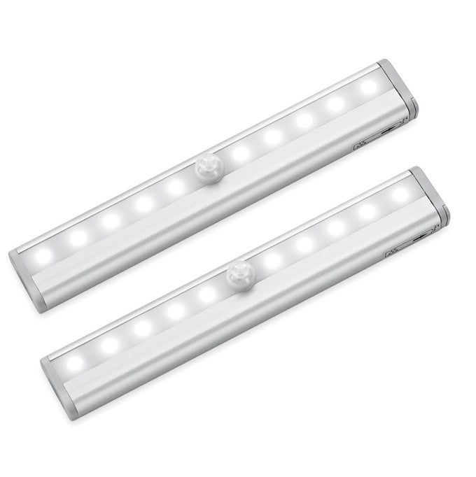 MOTION SENSOR LIGHTS 10 LED DIY STICKON ANYWHERE BATTERY OPERATED PORTABLE WIRELESS CABINET NIGHT STAIRS STEP CLOSET LIGHT BAR WITH MAGNETIC STRIP COOL WHITE PACK OF 2